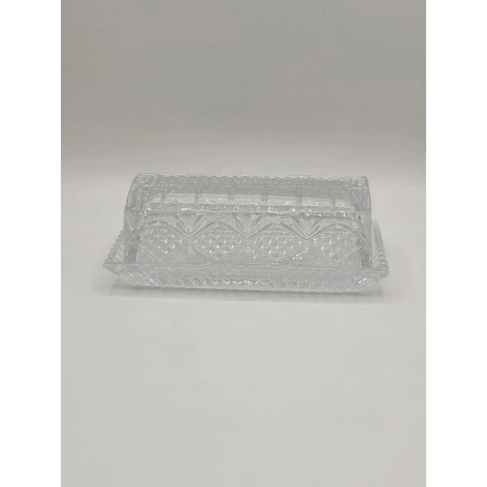 Vintage Pressed Glass Butter Dish Clear Glass Covered Dish Starburst Diamond Cut